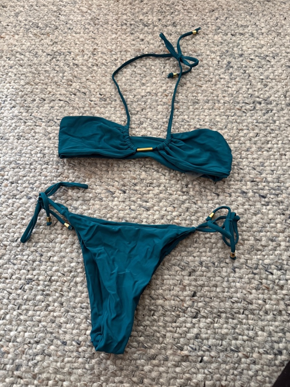 SHEIN Teal Bandeau Tie-Side Bikini with Gold Details